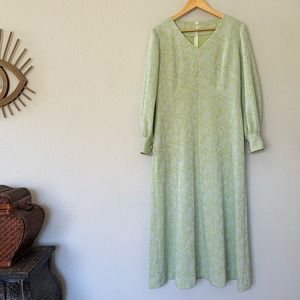 70s vintage maxi hostess dress groovy metallic silver lime green long sleeve M-L